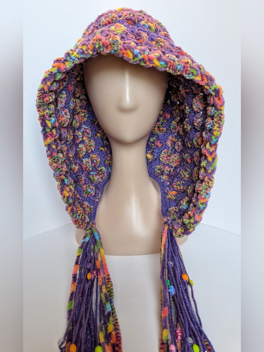 NEW, Crochet hood with beads, black light reactive, handmade